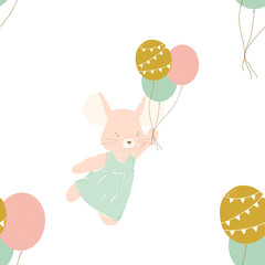 A little cute girl mouse holding balloons around the clouds in the sky seamless pattern illustration. Handpainted on white background. For kids designs, nursery decor, wallpapers