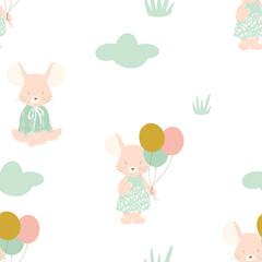 A little cute girl mouse holding balloons around the clouds in the sky seamless pattern illustration. Handpainted on white background. For kids designs, nursery decor, wallpapers