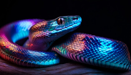 blue snake, metallic, metal, iridescent, colorful, mysterious, reflective, lucky, glossy, shiny, close-up, illustration, design