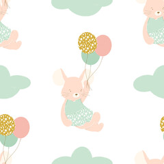 A little cute girl mouse holding balloons around the clouds in the sky seamless pattern illustration. Handpainted on white background. For kids designs, nursery decor, wallpapers