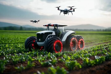 Futuristic farm with robotic tractors tending to crops, where drones fly overhead, monitoring the...