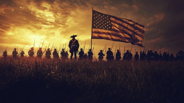 Patriotic Patriots: Historic Reenactment of Revolutionary War Battle with Soldiers in Period Costumes and American Flag Raised High