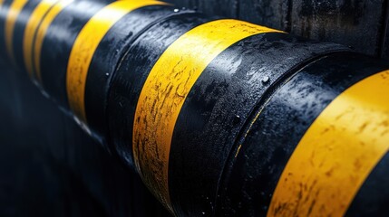 Industrial Pipeline System with Yellow and Black Stripes