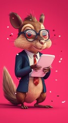 Fototapeta premium A quirky cartoon squirrel in a blue suit and red tie, wearing large glasses, holds a tablet while surrounded by falling confetti against a vibrant pink background. The fun combination of business