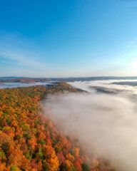 Poet's Seat Tower View Epic Sunrise New England Fall Foliage Aerial View. Low Fog Over Vast Colorful Forest Trees. Massachusetts. Beautiful Nature