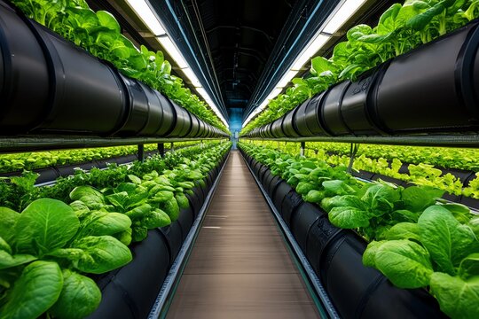 Futuristic farming facility using vertical agriculture, where crops grow inside tall buildings powered by solar and wind energy, maximizing efficiency and sustainability