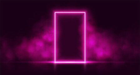 Neon door with smoke, pink glowing portal, futuristic arch gate, magic border with vapor. Vector illustration.