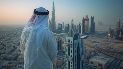 Man in traditional dress overlooks Dubai skyline at dusk
