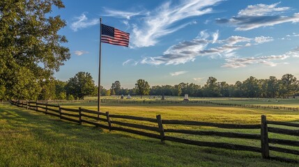 Remembering Heroes: American Flag Amid Historic Battlefield Monuments