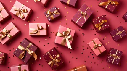 Festive Gift Boxes with Golden Ribbons on a Red Background