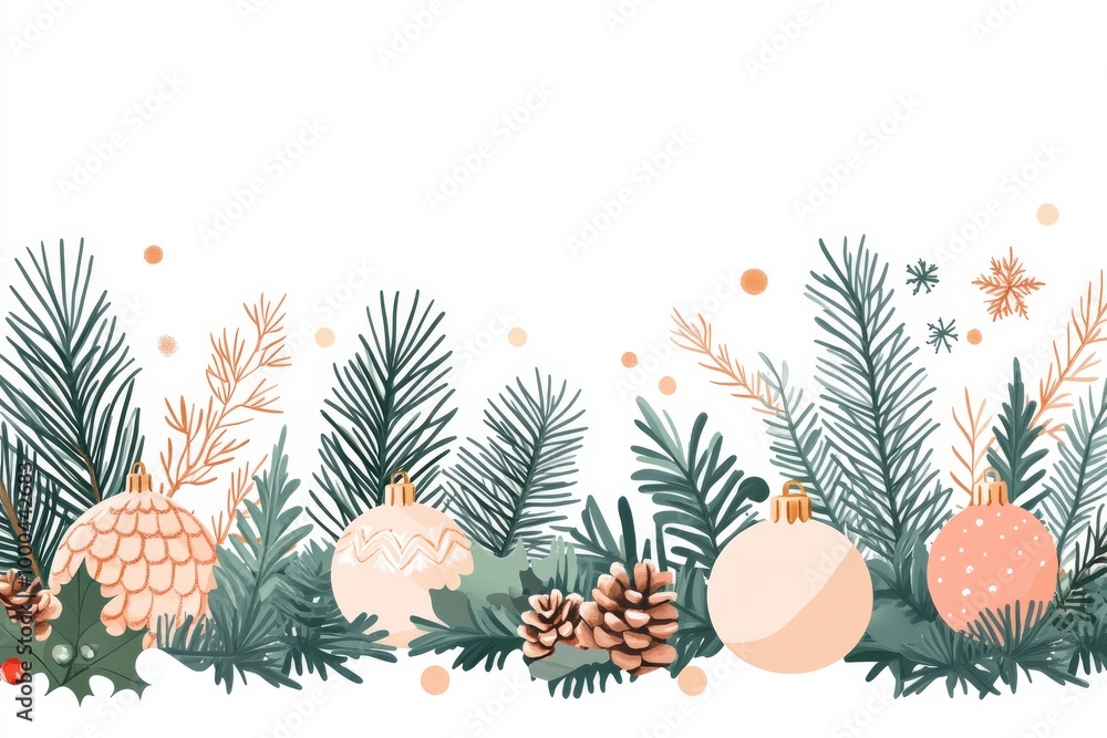 Poster christmas pine border with red berries and holly on a white background creating space for text in fe