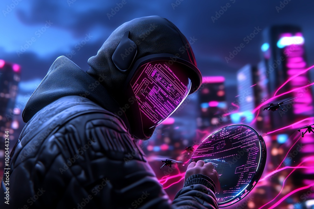 Poster futuristic hacker in a neon-lit city, using a holographic interface to break into encrypted networks