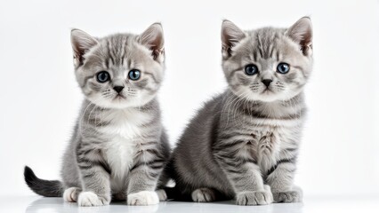 Obraz premium Two adorable gray kittens with blue eyes, sitting side by side against a white background.
