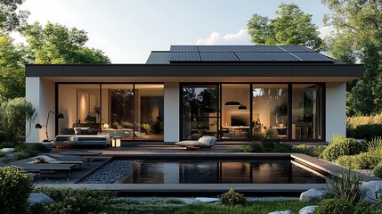 Fototapeta premium Modern house with pool and solar panels, sustainable home design