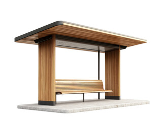 Modern bus stop design with wooden elements, white isolated background transparent background