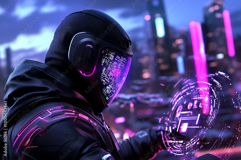Poster futuristic hacker in a neon-lit city, using a holographic interface to break into encrypted networks