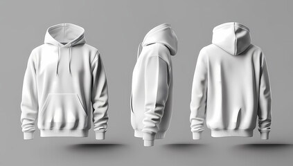 3D realistic white hoodie, front view, side, and back views on a grey background for mockup design