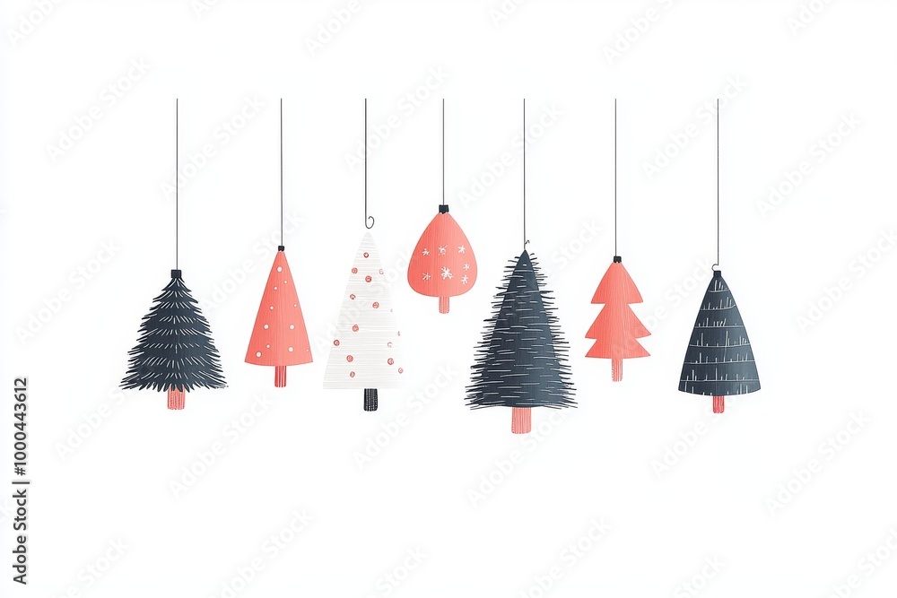 Poster minimalist christmas trees and holiday decorations in muted colors hanging on strings capturing simp