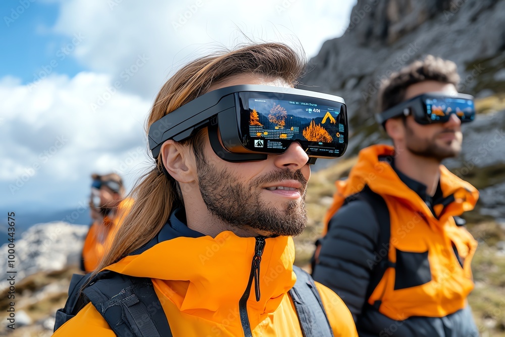 Poster futuristic hikers in augmented reality gear, where their smart glasses display real-time data about 