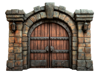 Ornate medieval archway entrance with wooden doors. transparent background