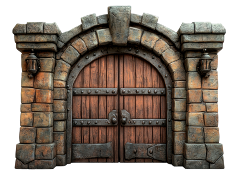 Ornate medieval archway entrance with wooden doors. transparent background