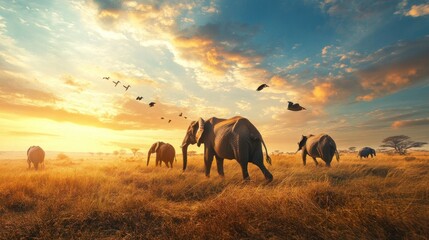 Elephants Walking Through Grass at Sunset in African Savanna