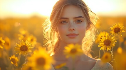 Fototapeta premium Beautiful young woman in a field of sunflowers, warm evening light. Nature, beauty, happiness, golden hour, summer