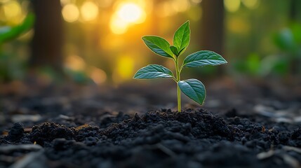 Young sapling growing in the ground with forest and sunset in the background. Concept of growth, new beginnings, hope, and nature