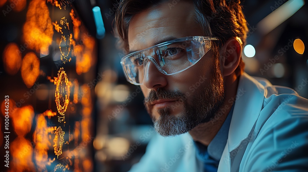 Poster focused scientist wearing safety goggles and lab coat looking at digital display with data