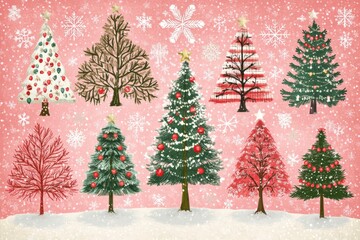 Obraz premium Christmas trees of varying designs and decorations set in a snowy forest creating a whimsical winter holiday scene filled with festive cheer and seasonal celebration