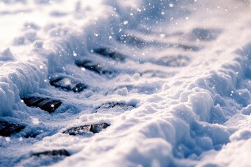 Close Up of Car Tire Tracks in Fresh Snow