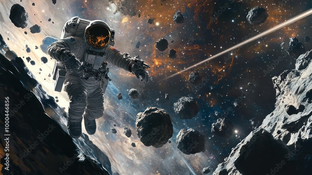 Poster astronaut navigating through asteroid field in space