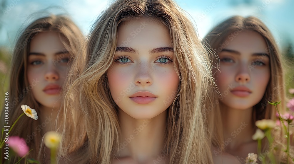 Sticker Triple exposure portrait of woman with blonde hair, green eyes and soft skin, in a field of wildflowers.