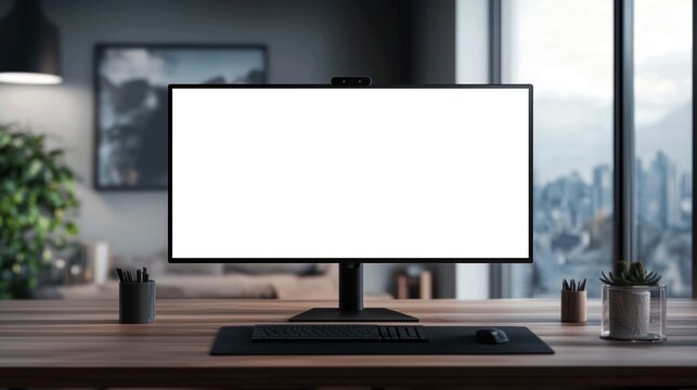 Mockup of widescreen monitor in office, AI-generative