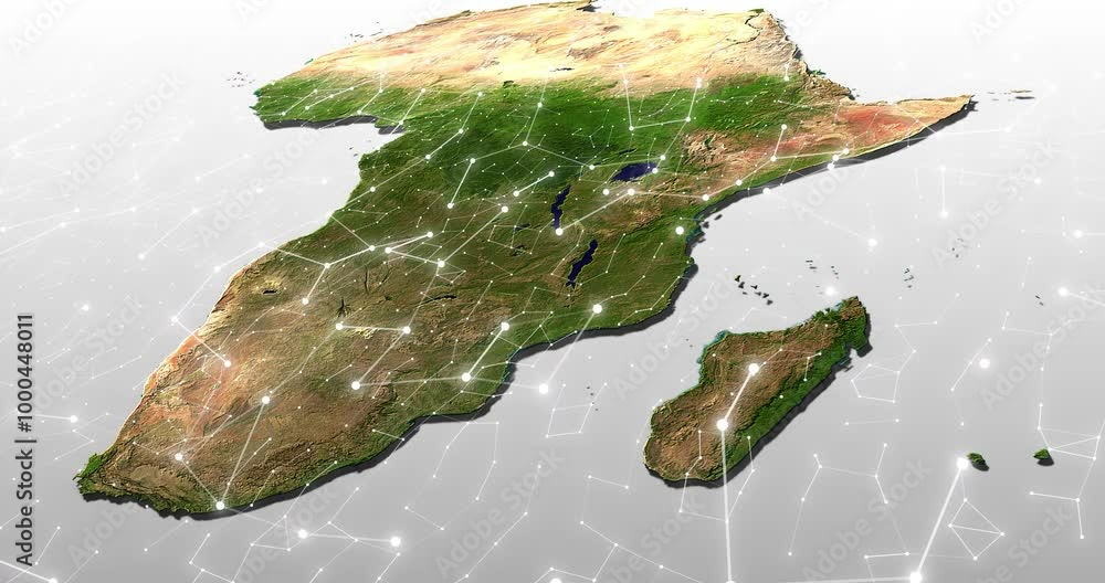 Poster Africa, map and networking with grid lines for international or global communication. Future, hologram and world with big data, internet or traffic on continent for cloud computing or satellite