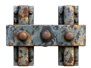 Rusty metal hinge, weathered and aged, white isolated background transparent background