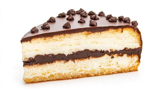 A slice of dacquoise cake on solid white background, single object