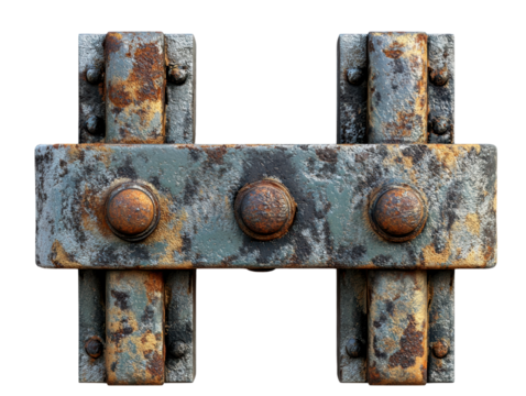 Rusty metal hinge, weathered and aged, white isolated background transparent background