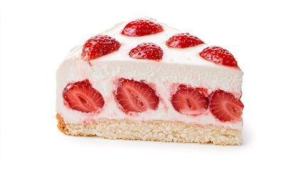 A slice of strawberry shortcake on solid white background, single object
