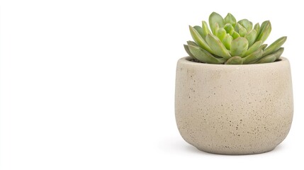 A variegated Echeveria in a stone planter on solid white background, single object