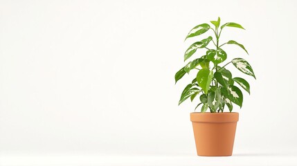 Fototapeta premium A variegated Fatsia japonica in a terracotta pot on solid white background, single object