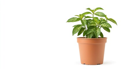Fototapeta premium A variegated Fatsia japonica in a terracotta pot on solid white background, single object