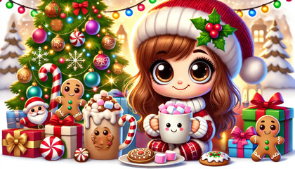 Naklejka premium Adorable Chibi Girl with Christmas Treats and Hot Cocoa