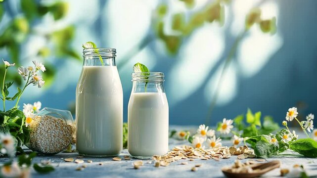 Two glass bottles of plant-based milk with oat and quinoa grains on a blue table