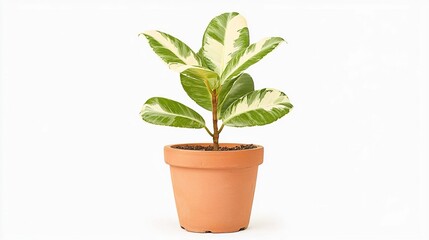 Fototapeta premium A variegated Rubber plant in a terracotta pot on solid white background, single object