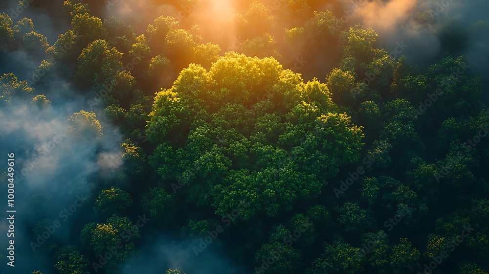 Poster aerial view of a forest with sunlight shining through the trees and clouds.