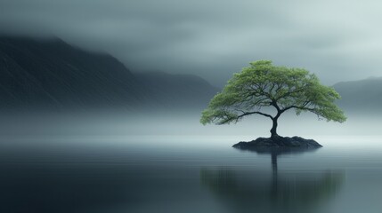 A solitary tree stands on a small island, shrouded in mist and surrounded by tranquil waters, creating a serene and ethereal atmosphere.