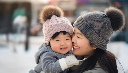 Obraz premium Firefly Mother and Baby in Matching Winter Coats