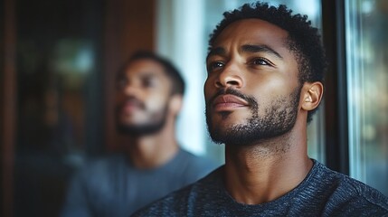 Obraz premium Thoughtful young African American man looking up with serious expression