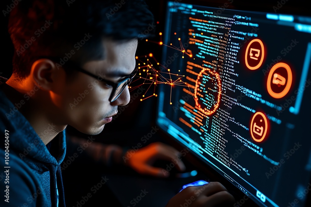 Poster Hacker breaking into a high-security network, with warning symbols flashing on the screen and lines of code flying by, emphasizing the thrill of digital penetration